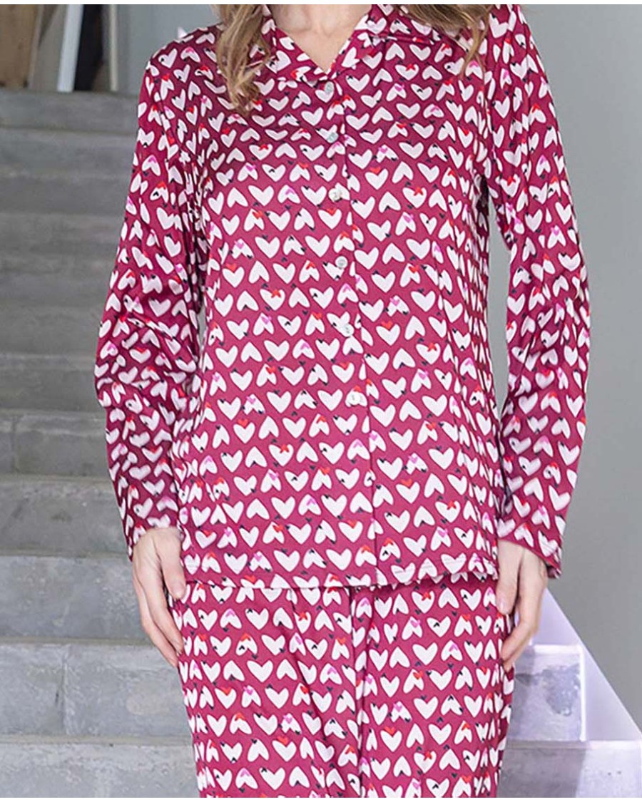 PIJAMA CAMISERO DE RASO CON ESTAMPADO DE CORAZONES