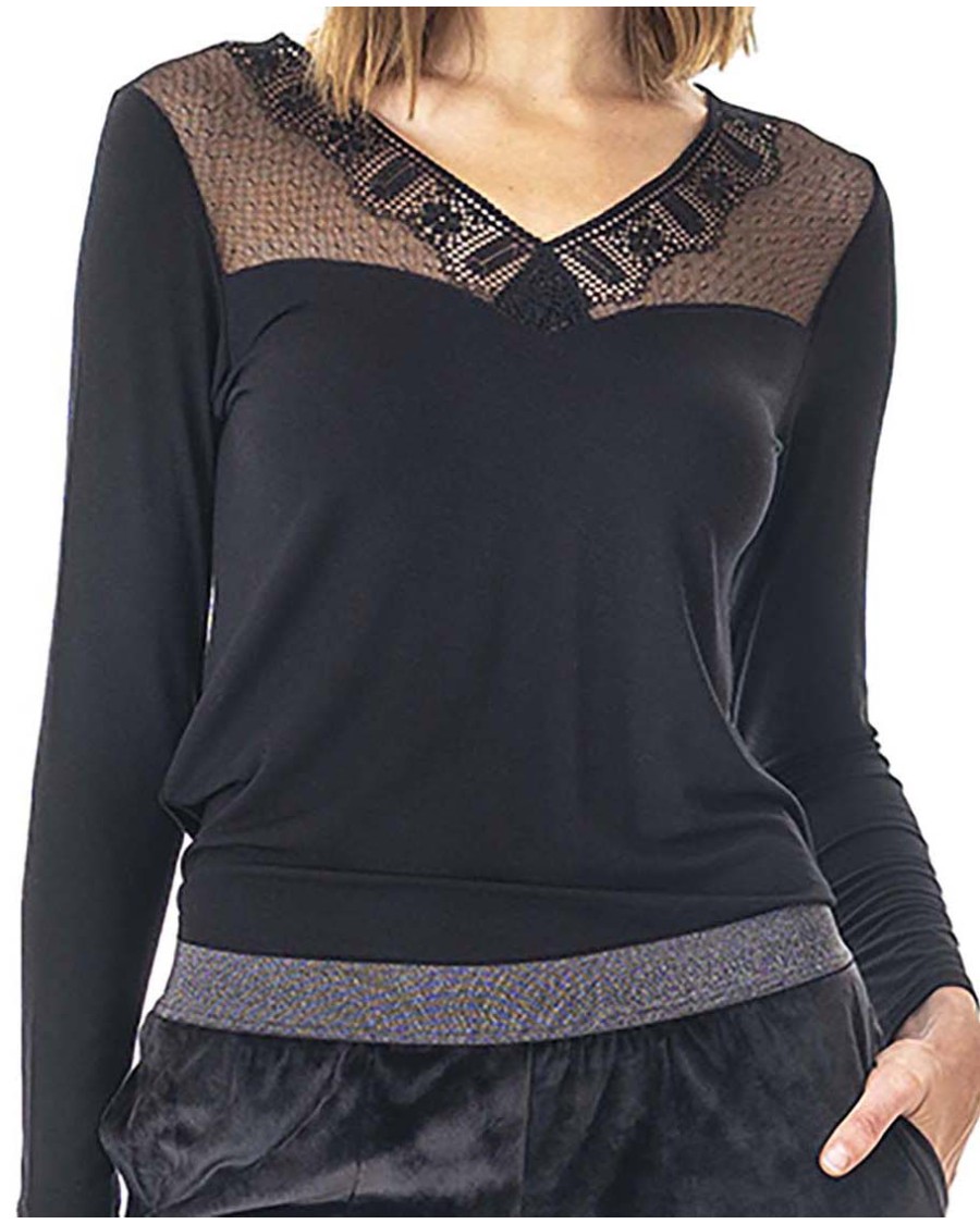 CAMISETA DE MODAL ELASTÁN CON ENCAJE MANGA LARGA