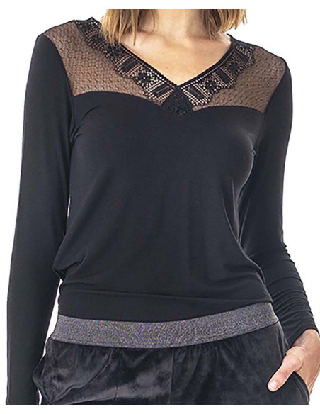 CAMISETA DE MODAL ELASTÁN CON ENCAJE MANGA LARGA CAMISETA DE MODAL ELASTÁN CON ENCAJE MANGA LARGA