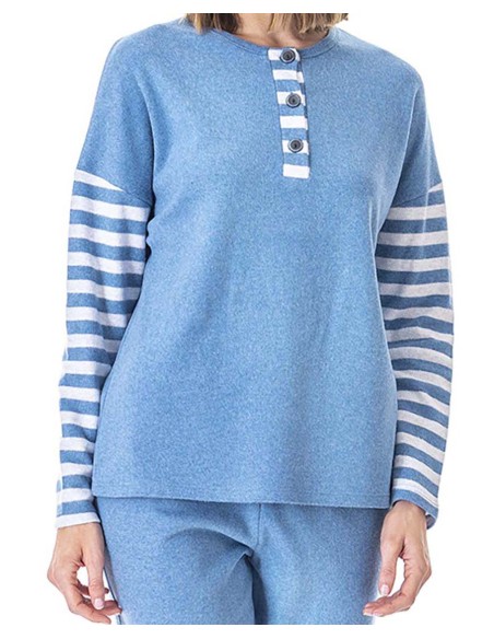 PIJAMA DE PUNTO MILANO CON TAPETA Y CUELLO REDONDO PIJAMA DE PUNTO MILANO CON TAPETA Y CUELLO REDONDO