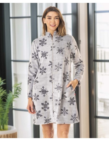 Peignoir en fourrure veloutée avec fermeture éclair et motif neige