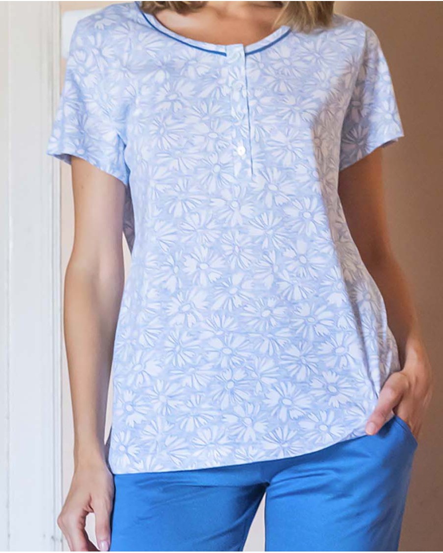 PIJAMA  MANGA CORTA Y TAPETA RIBETE A CONTRASTE
