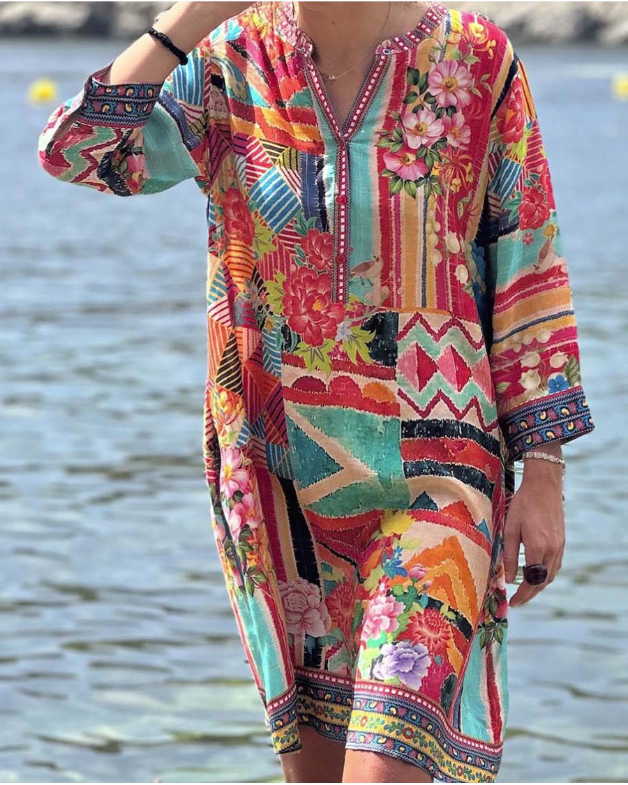 TÚNICA DE VISCOSA ESTAMPADO PATCH ROJO