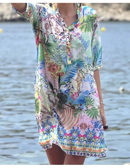 TÚNICA DE VISCOSA ESTAMPADO TROPICAL