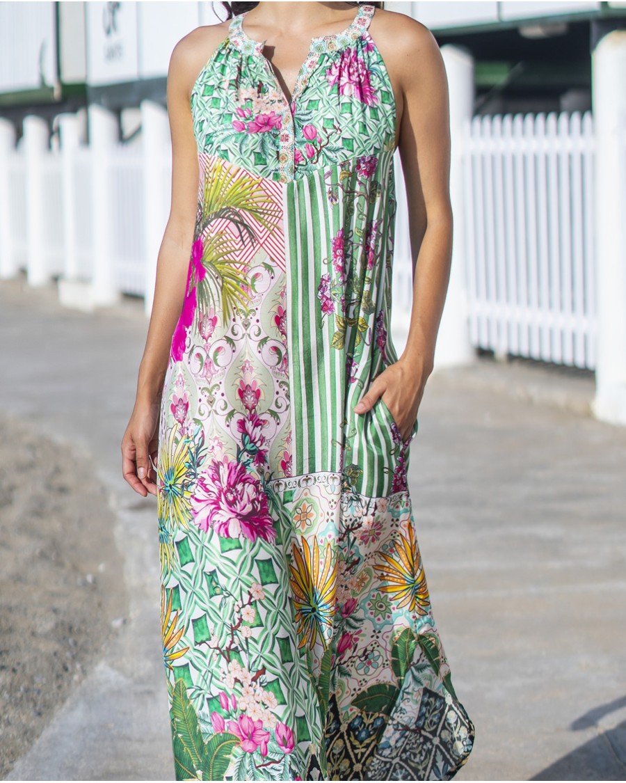VESTIDO LARGO VISCOSA ESTAMPADO PATCHWORK CUELLO HALTER