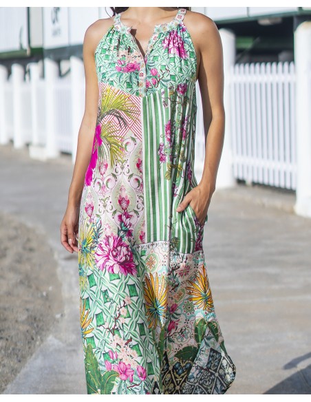 VESTIDO LARGO VISCOSA ESTAMPADO PATCHWORK CUELLO HALTER