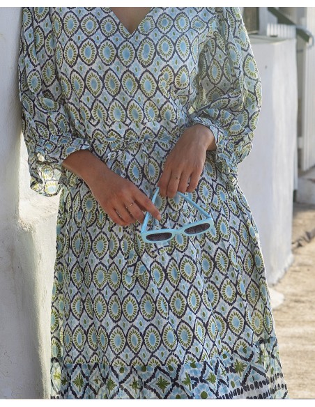 VESTIDO LARGO CRUZADO CON MANGA LARGA Y ESTAMPADO BOHEMIO