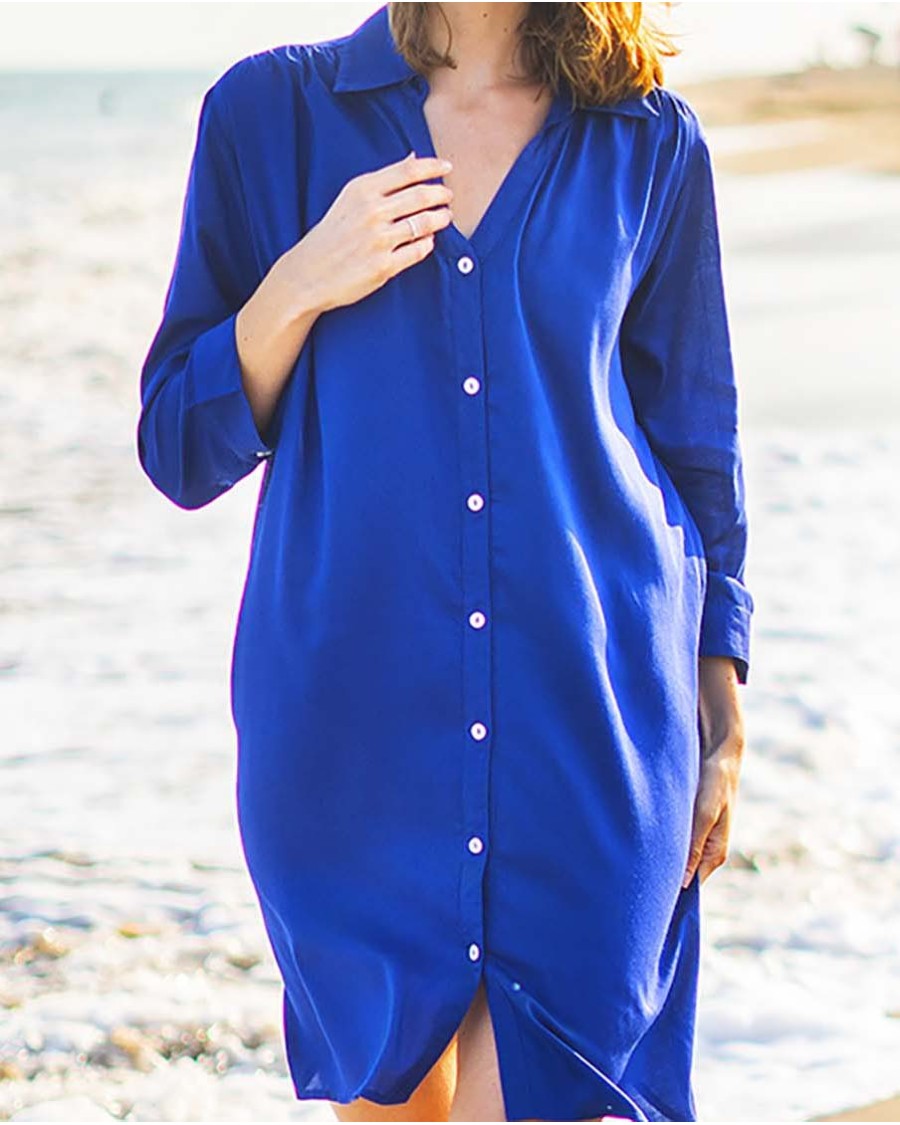 VESTIDO CAMISERO CON MANGAS 3/4 LISO AZUL