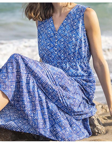 VESTIDO LARGO SIN MANGAS ESTAMPADO AZUL