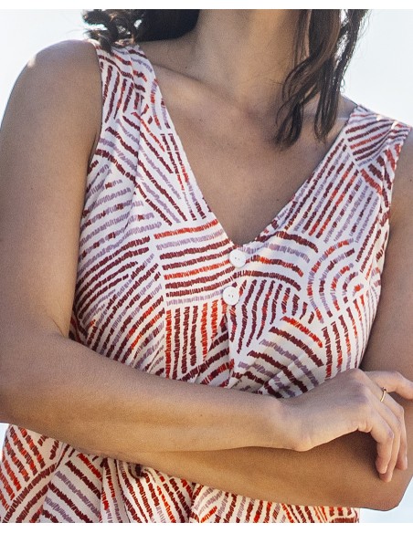 VESTIDO SIN MANGA DE PLANA  ESTAMPADO Y PLIEGUE FRONTAL