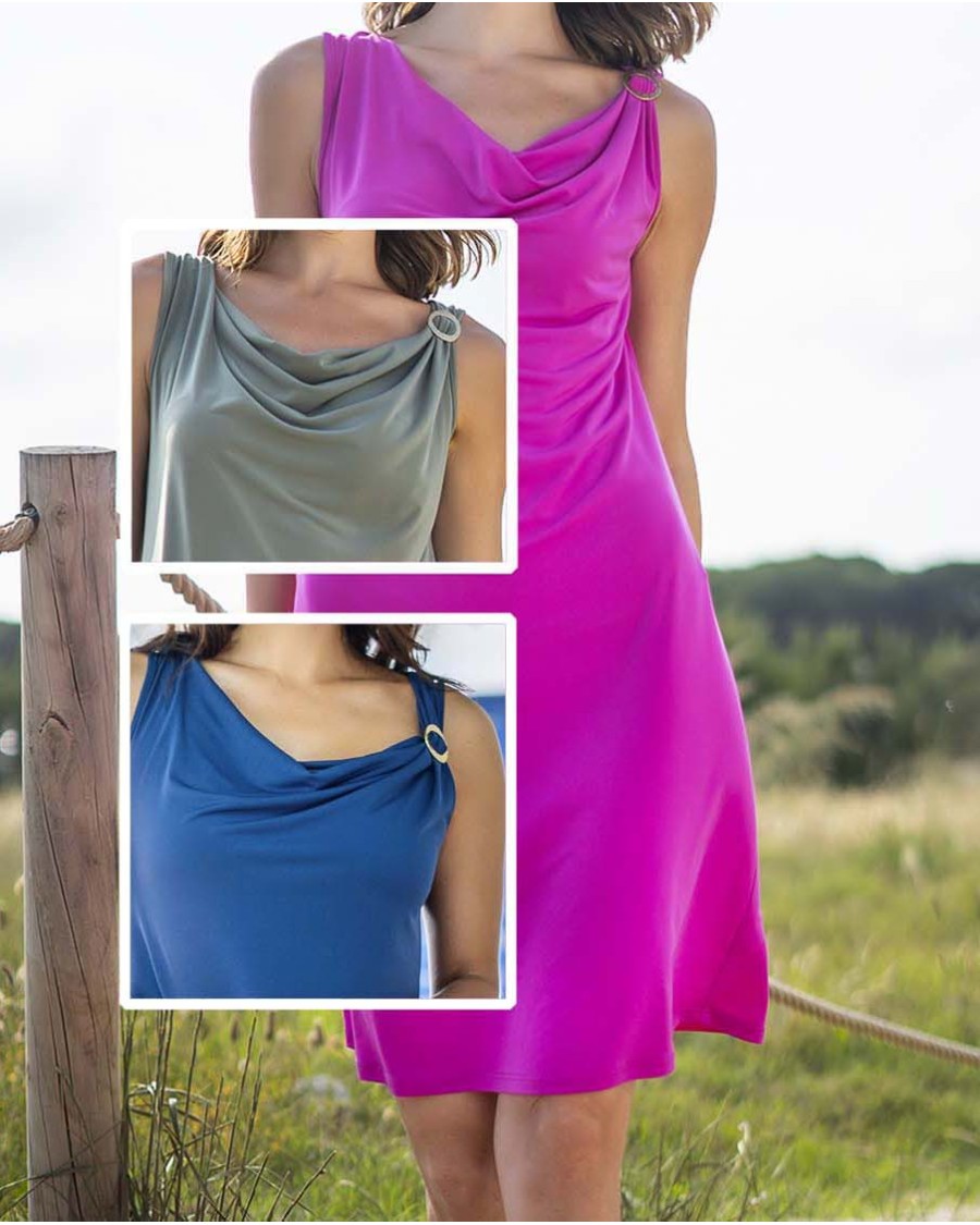 VESTIDO ESCOTE DRAPEADO DETALLE ANILLA DORADA