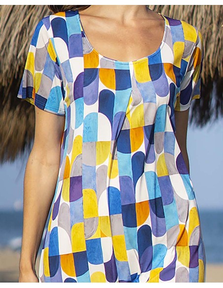 VESTIDO CON MANGAS ESTAMPADO GEOMÉTRICO MULTICOLOR