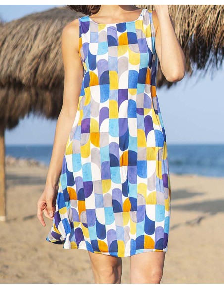VESTIDO SIN MANGAS ESTAMAPADO GEOMÉTRICO MULTICOLOR