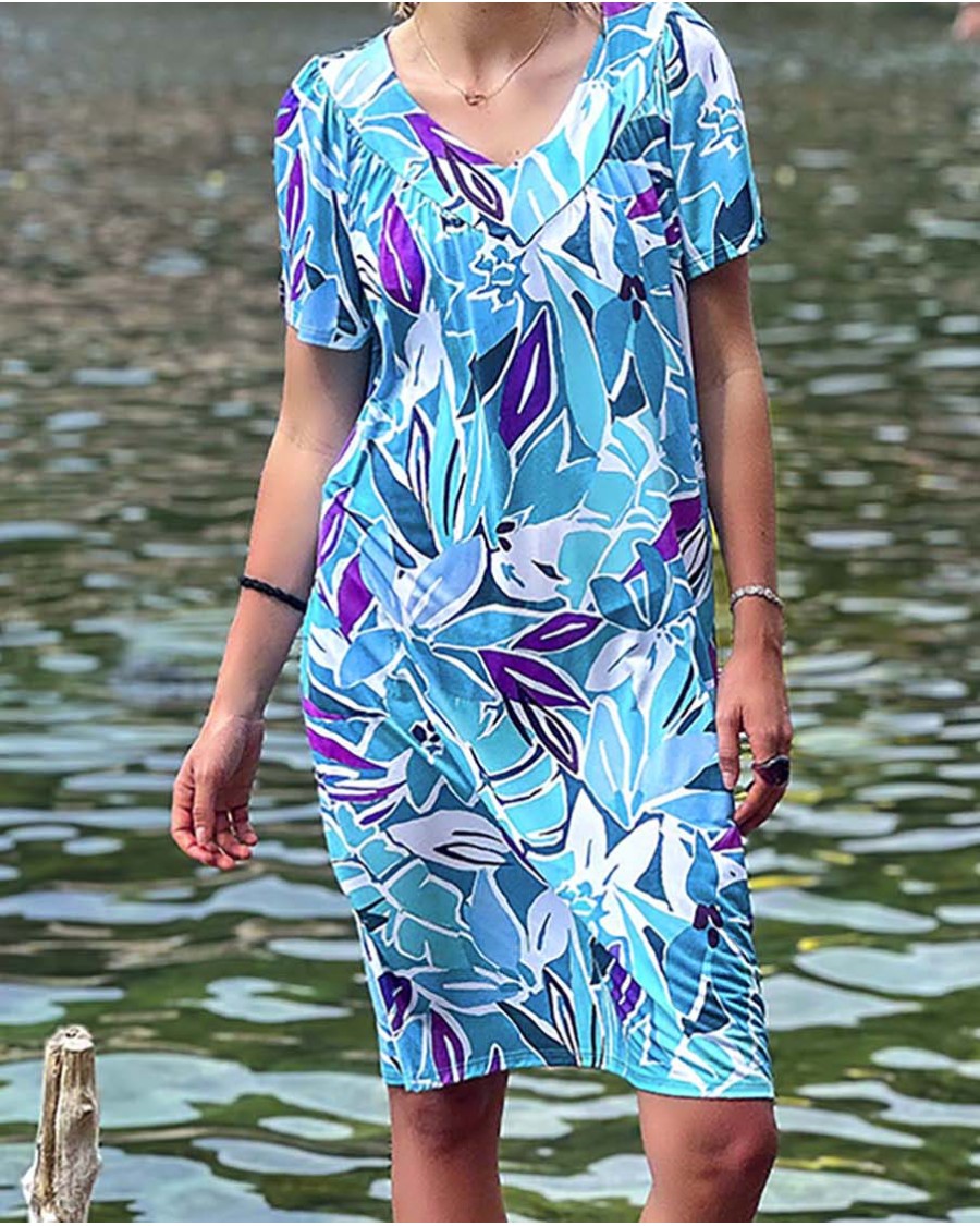 VESTIDO FLORAL TURQUESA CON PECHERO EN PICO