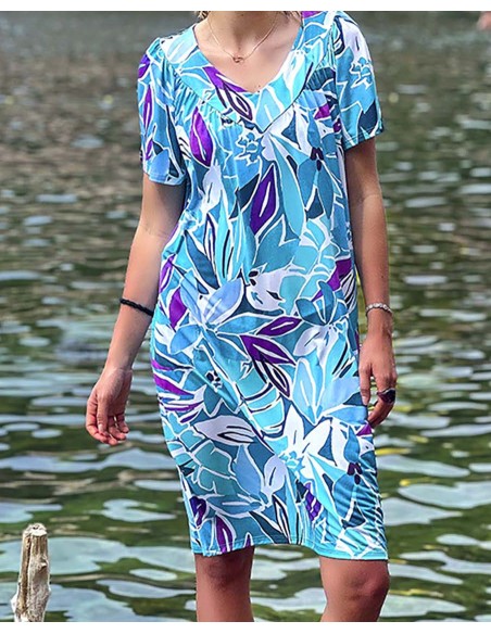 VESTIDO FLORAL TURQUESA CON PECHERO EN PICO